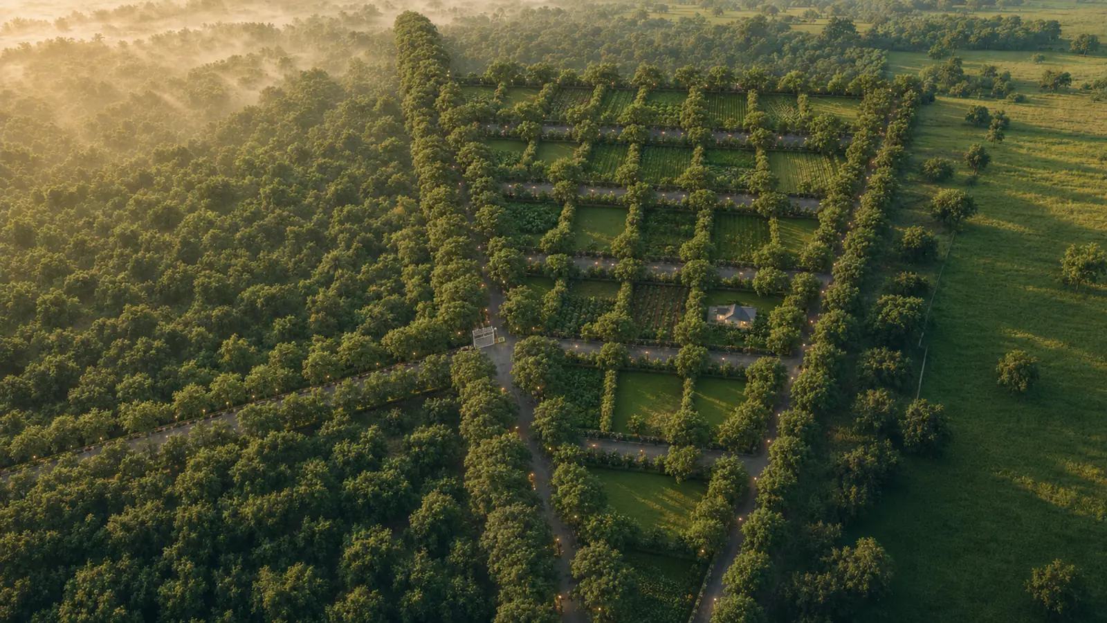Aerial view of Aanandvan Farms community carved into a forest